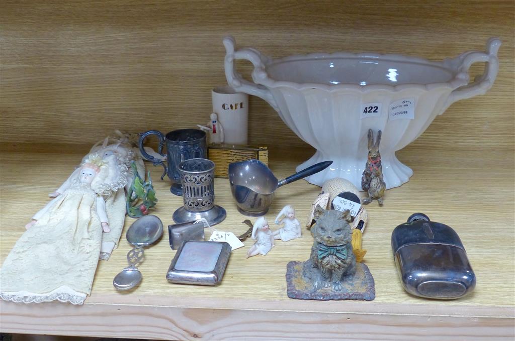 A mixed quantity of collectables to include plated wares, three porcelain headed dolls, small silver, etc.